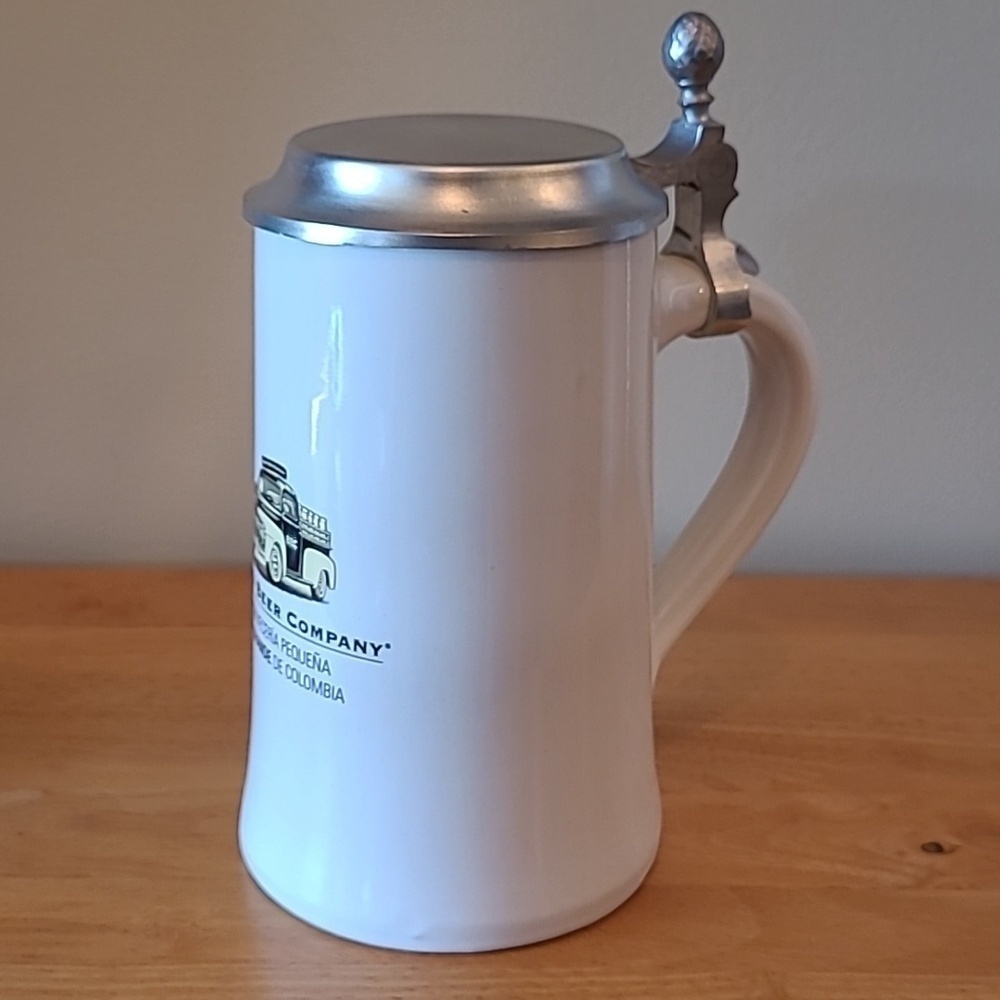 BOGOTA BEER COMPANY Ceramic Beer Stein Tankard & Pewter Tone Lid With Graphic